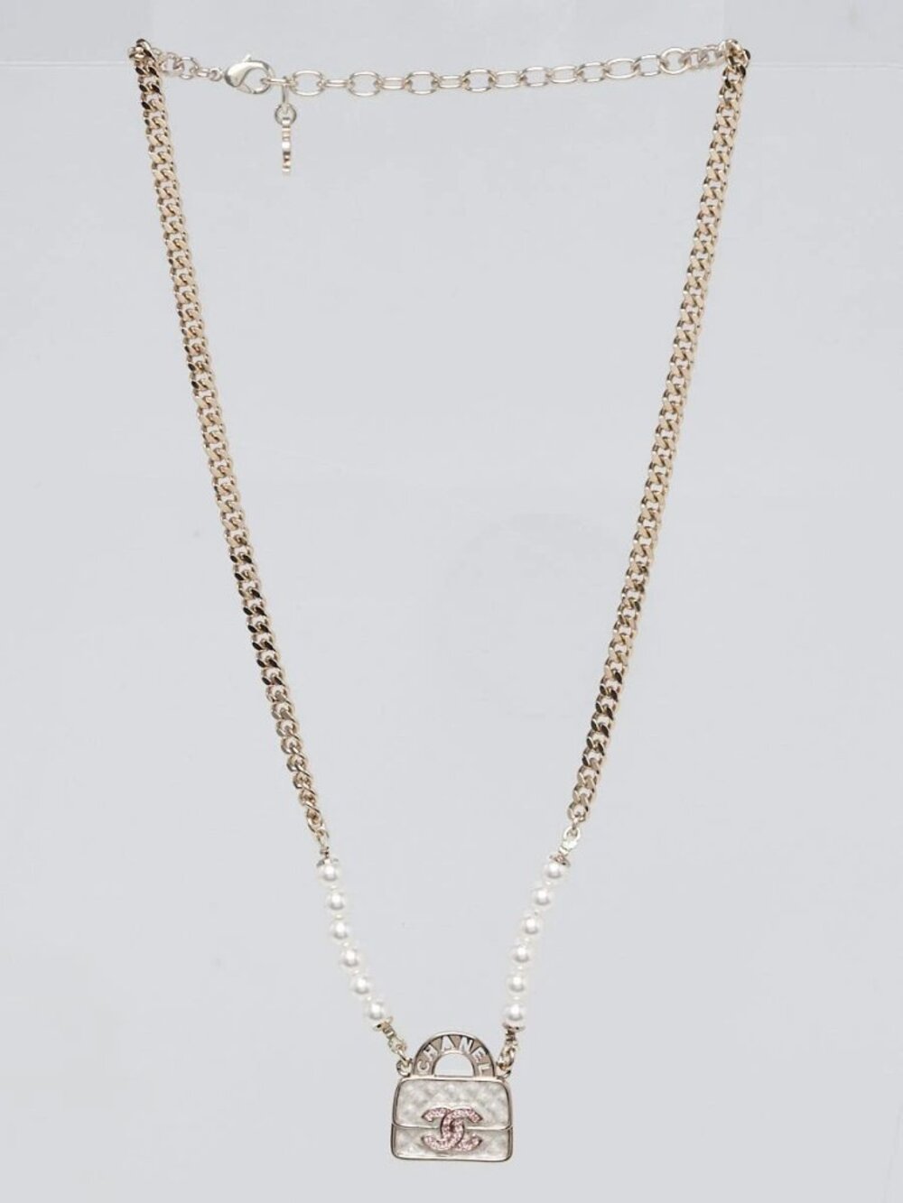 Chanel Gold Metal Faux Pearl and Chain Flap Bag Necklace
